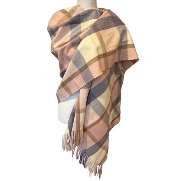 Pretty Persuasions Plaid Fringe Scarf Wrap Pastel Pink Beige Blue Cozy Soft NWT - Picture 1 of 5